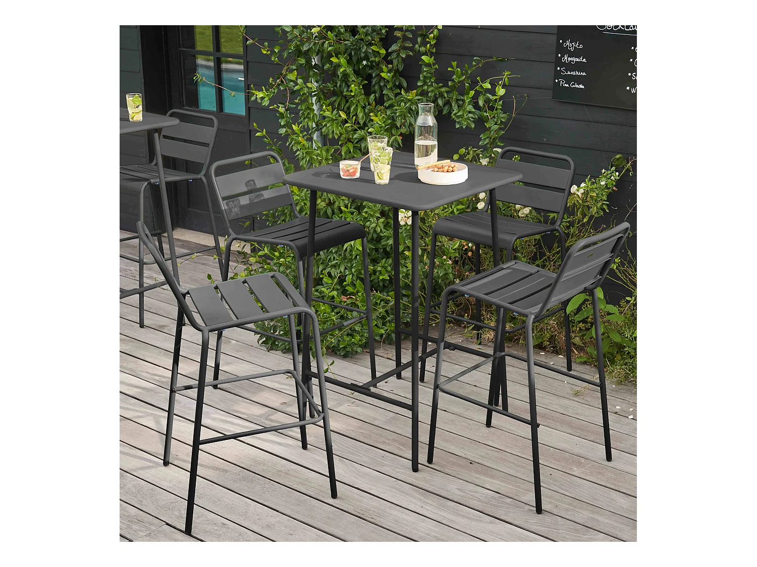 Ensemble table de bar et 4 chaises hautes en métal anthracite - Palavas