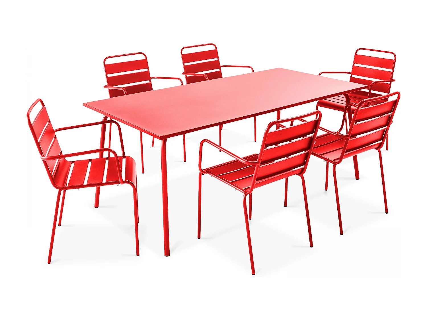 Tuinset met tafel en 6 rode fauteuils