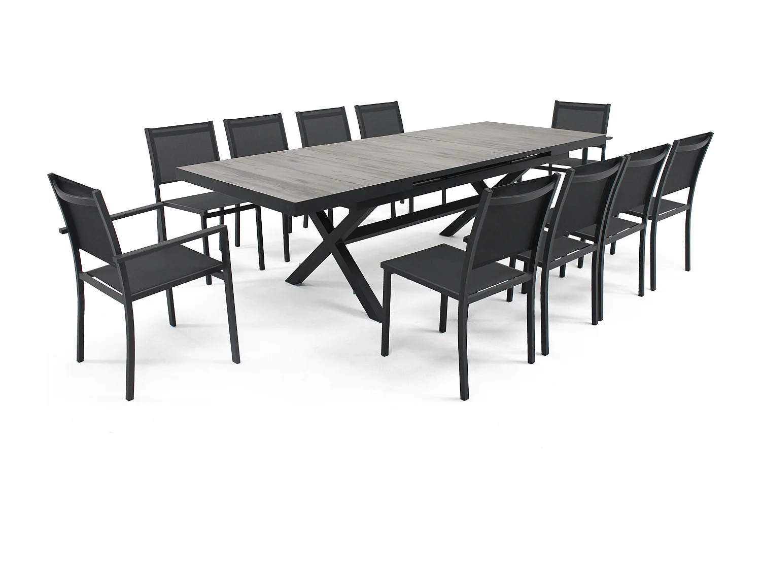 Mesa extensible de aluminio y cerámica con 10 sillas grises