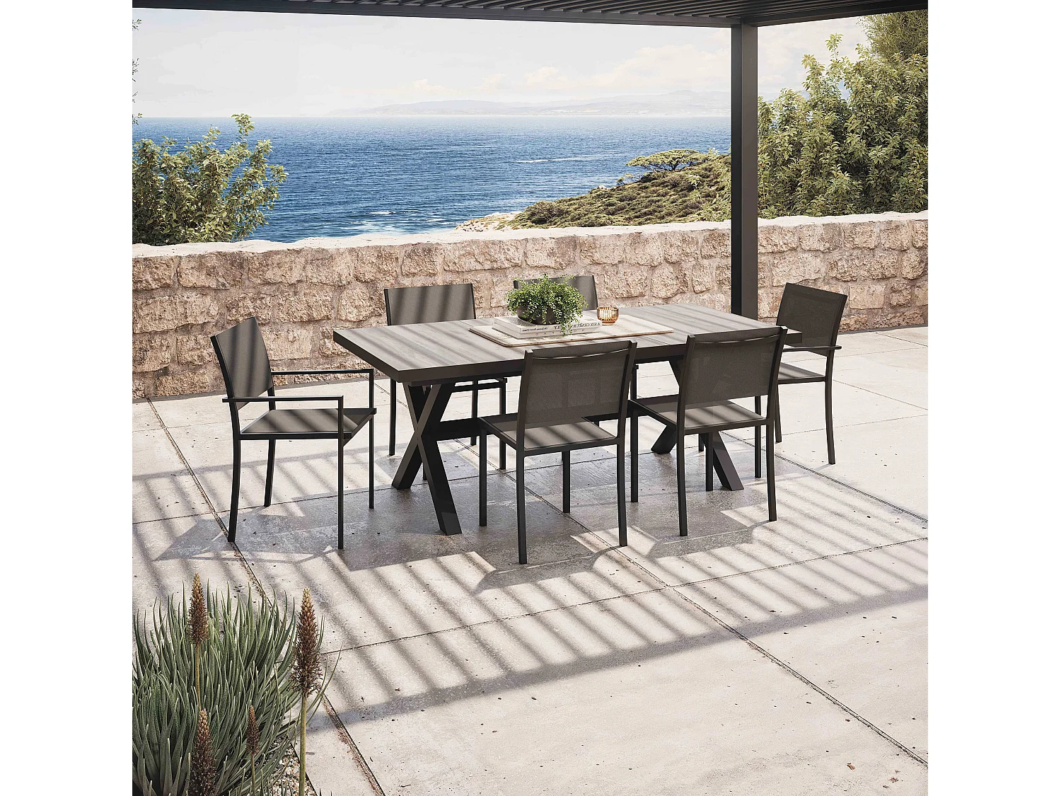 Mesa extensible de aluminio y cerámica con 10 sillas grises