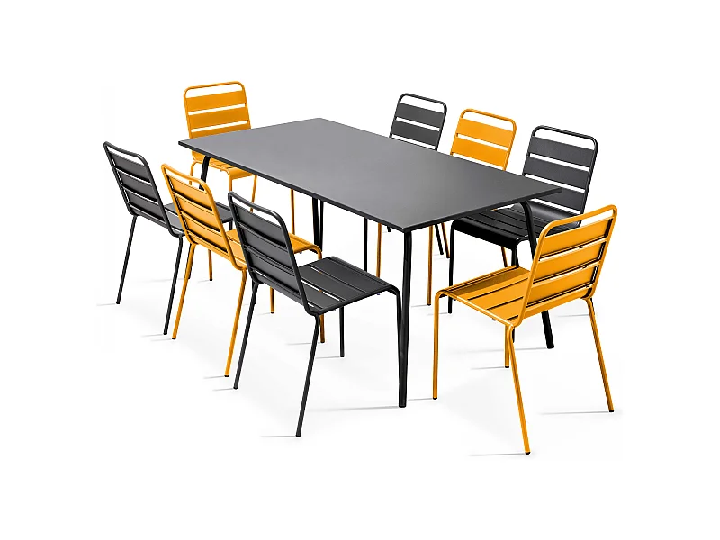 Ensemble table de jardin et 8 chaises en métal gris et jaune - Palavas