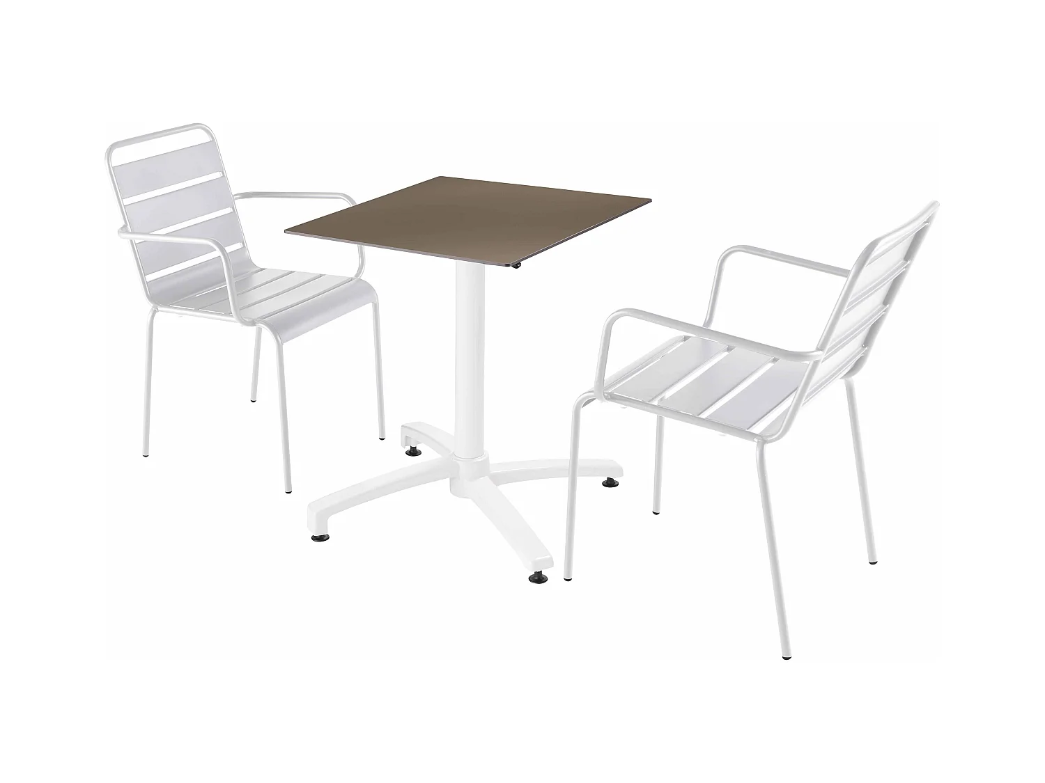 Ensemble table terrasse stratifié taupe et 2 fauteuils blanc