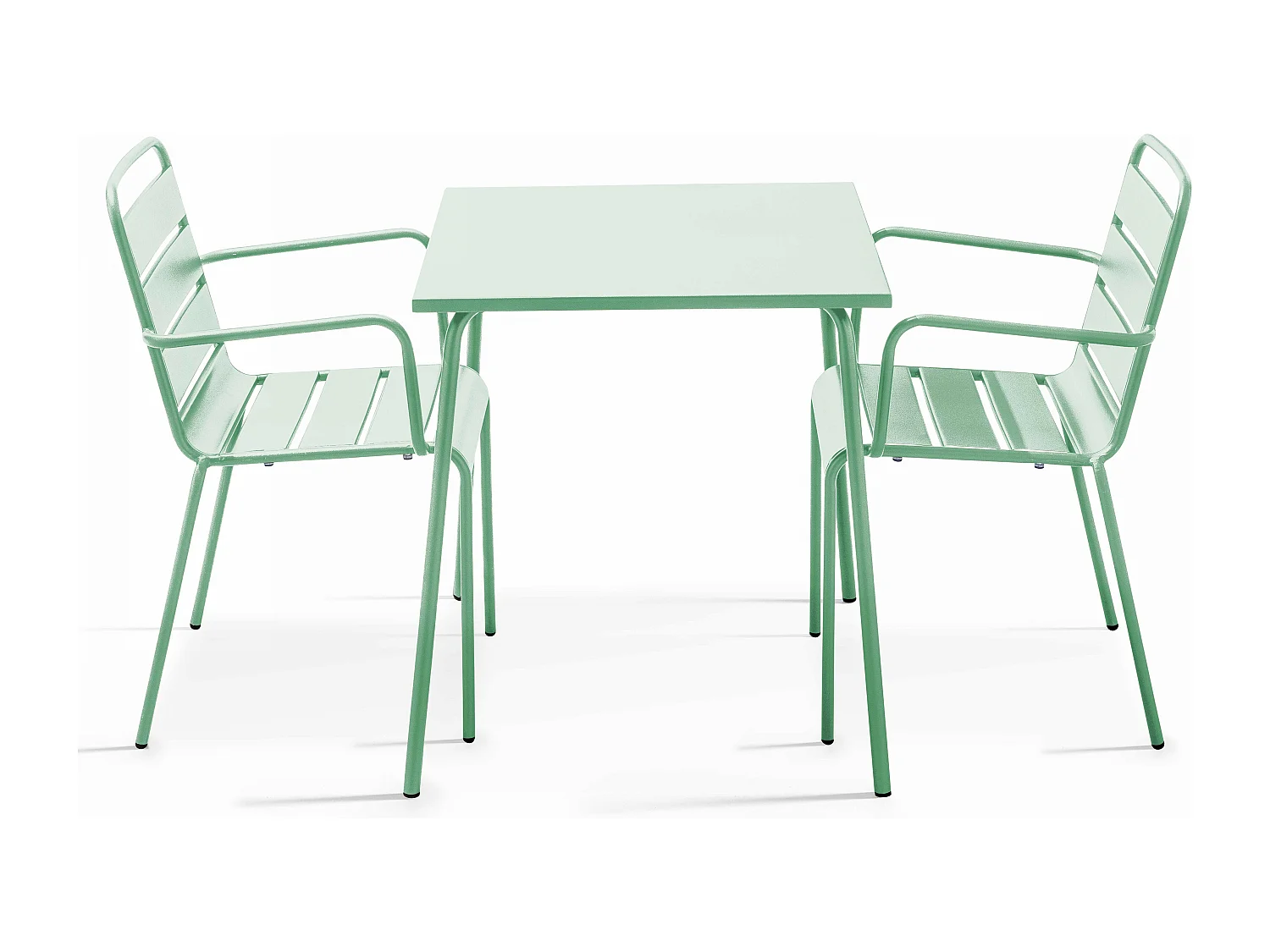 Ensemble table de jardin carrée et 2 fauteuils acier vert sauge - Palavas