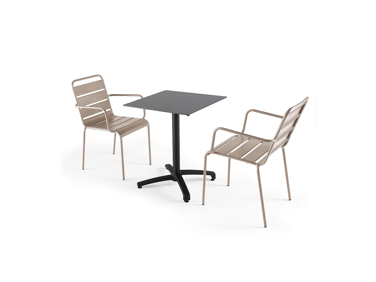 Ensemble table de terrasse stratifié ardoise gris et 2 fauteuils taupe