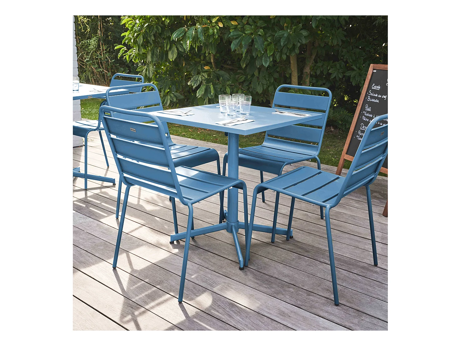 Ensemble table de jardin carrée et 4 chaises bleu pacific - Palavas