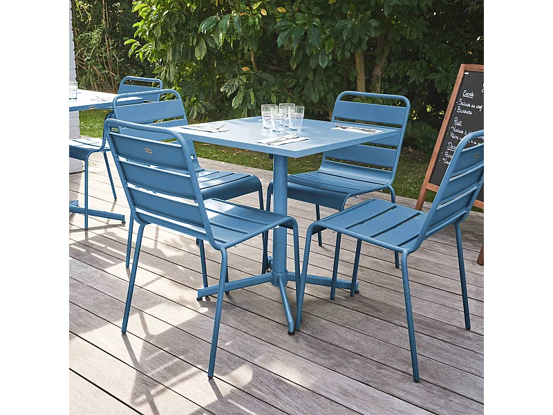 Ensemble table de jardin carrée et 4 chaises bleu pacific - Palavas