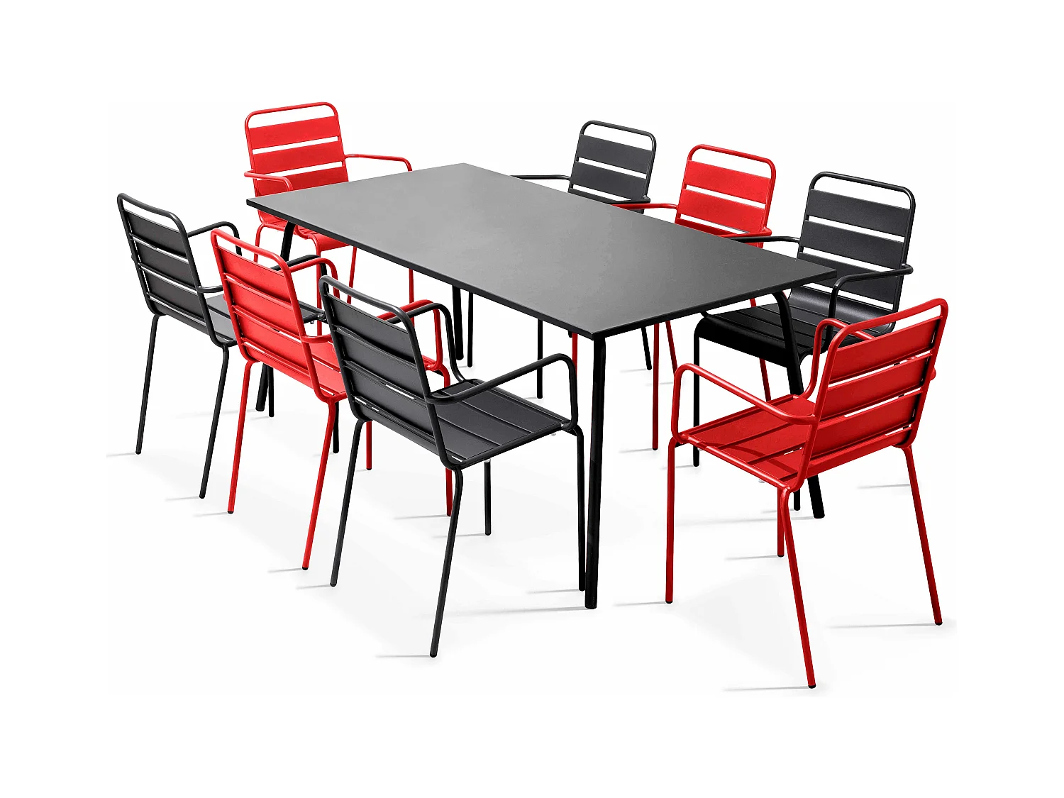 Ensemble table de jardin et 8 fauteuils en métal rouge et gris - Palavas