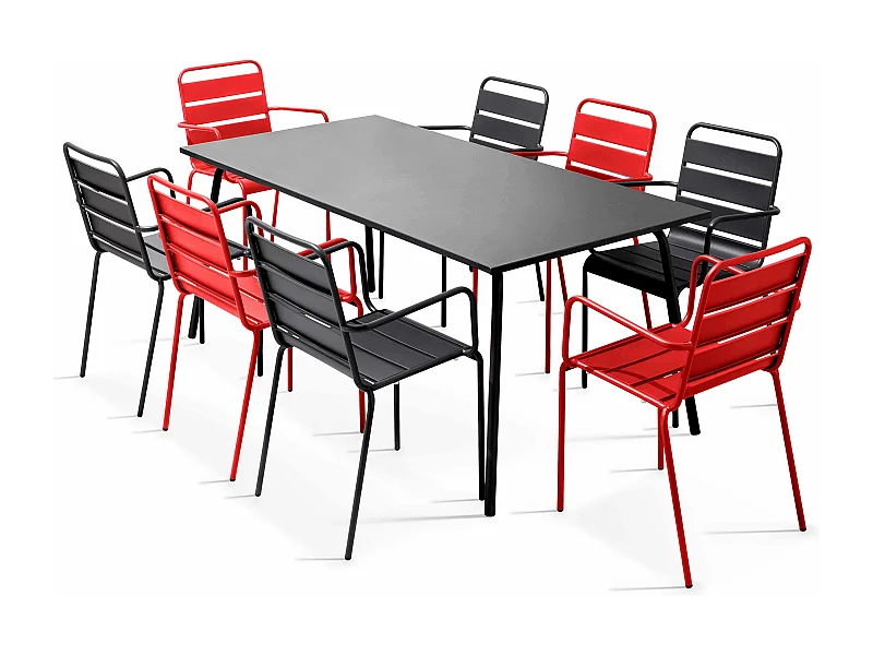Tuinset met tafel en 8 stoelen van rood en grijs metaal