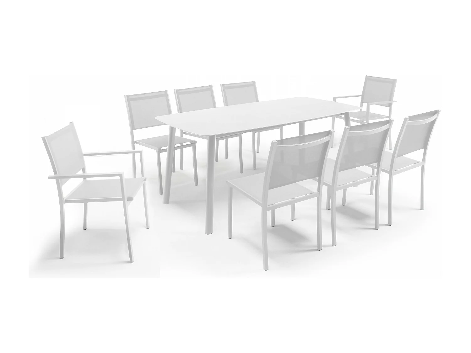 Table de terrasse aluminium et pierre, 6 chaises et 2 fauteuils blanc