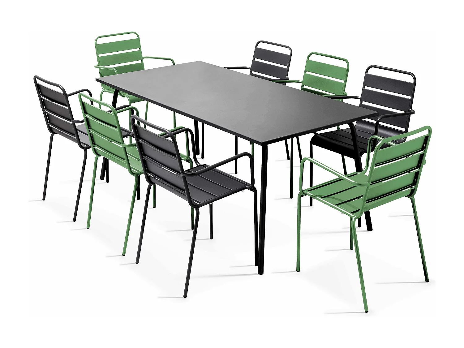 Ensemble table de jardin et 8 fauteuils en métal vert cactus et gris - Palavas