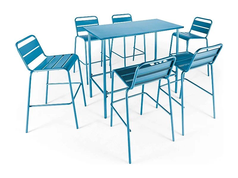 Set van een hoge tuin tafel en 6 stoelen in blauw pacific metaal
