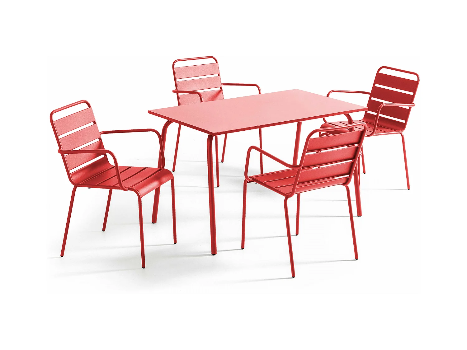 Ensemble table de jardin et 4 fauteuils en métal rouge - Palavas