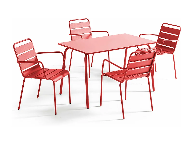 Ensemble table de jardin et 4 fauteuils en métal rouge - Palavas