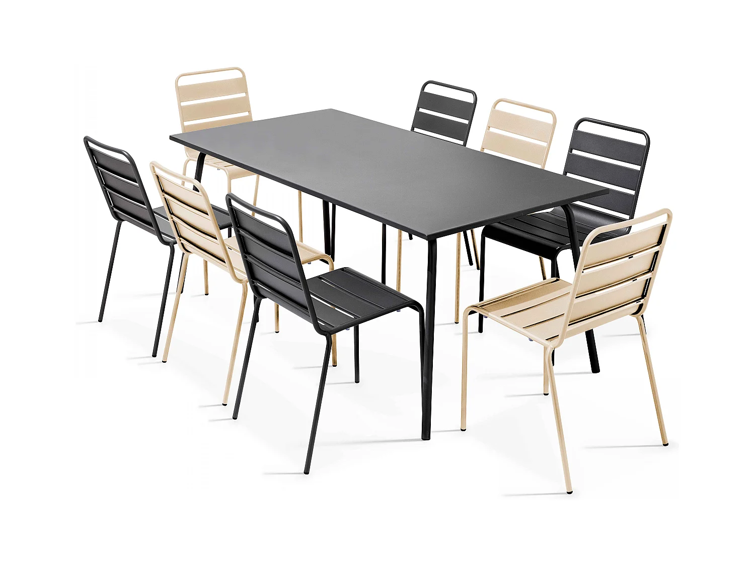 Ensemble table de jardin et 8 chaises en métal gris et ivoire - Palavas