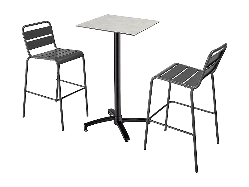 Set hoge tafel met grijze betonnen laminaat en 2 grijze hoge stoelen