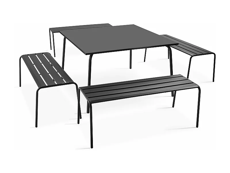 Ensemble table de jardin carrée et 4 bancs en métal anthracite - Palavas
