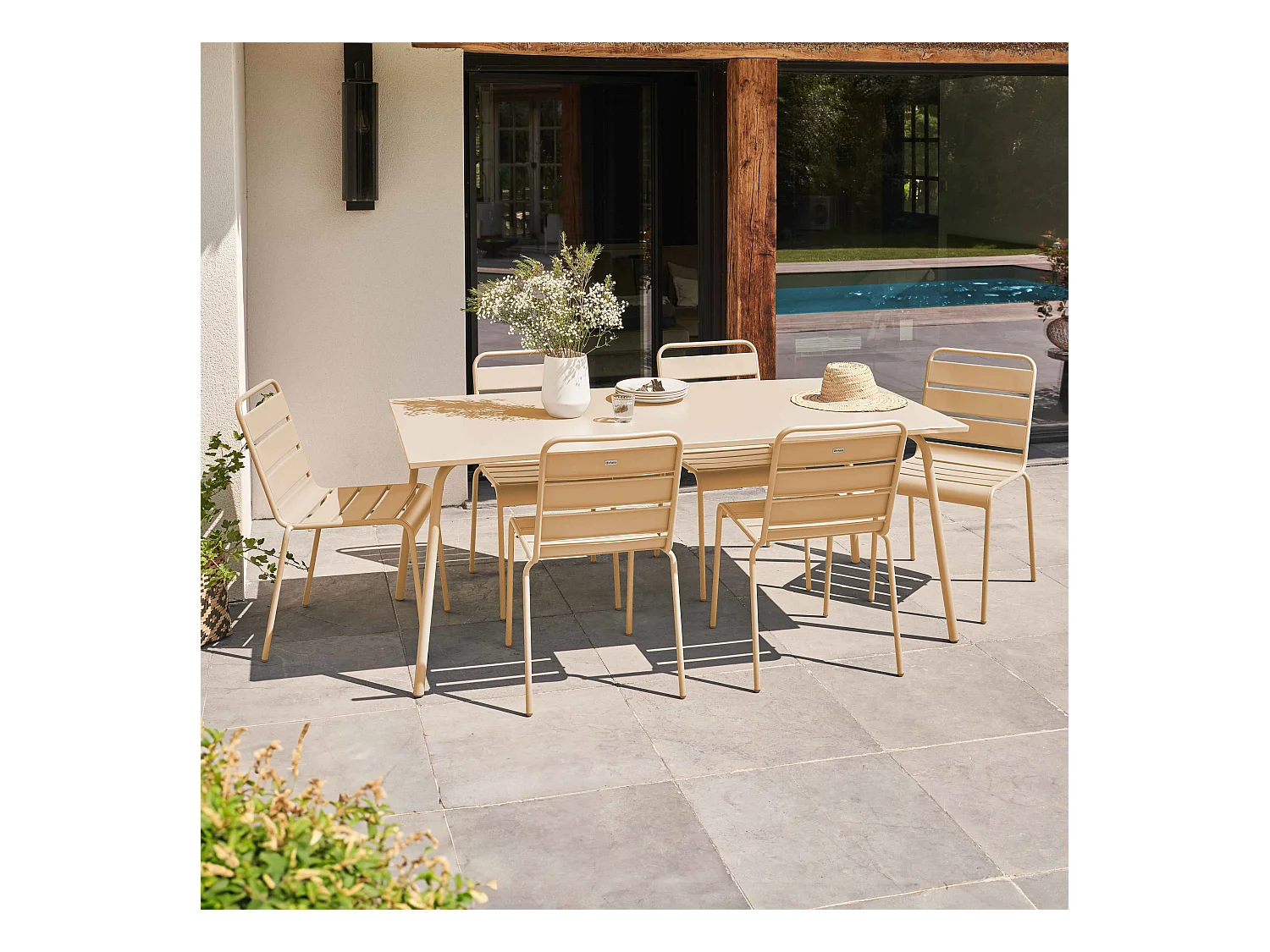 Ensemble table de jardin et 6 chaises en métal ivoire - Palavas