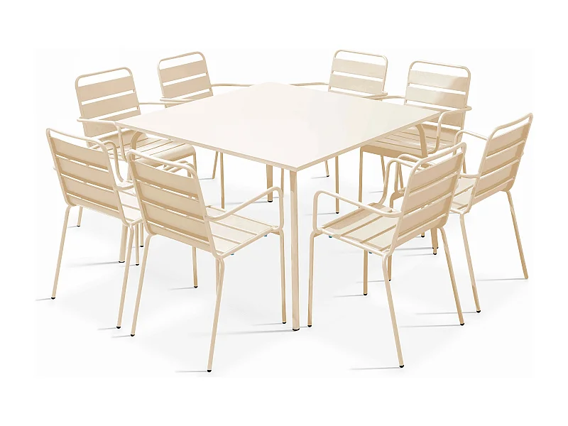 Ensemble table de jardin carrée et 8 fauteuils en métal ivoire - Palavas