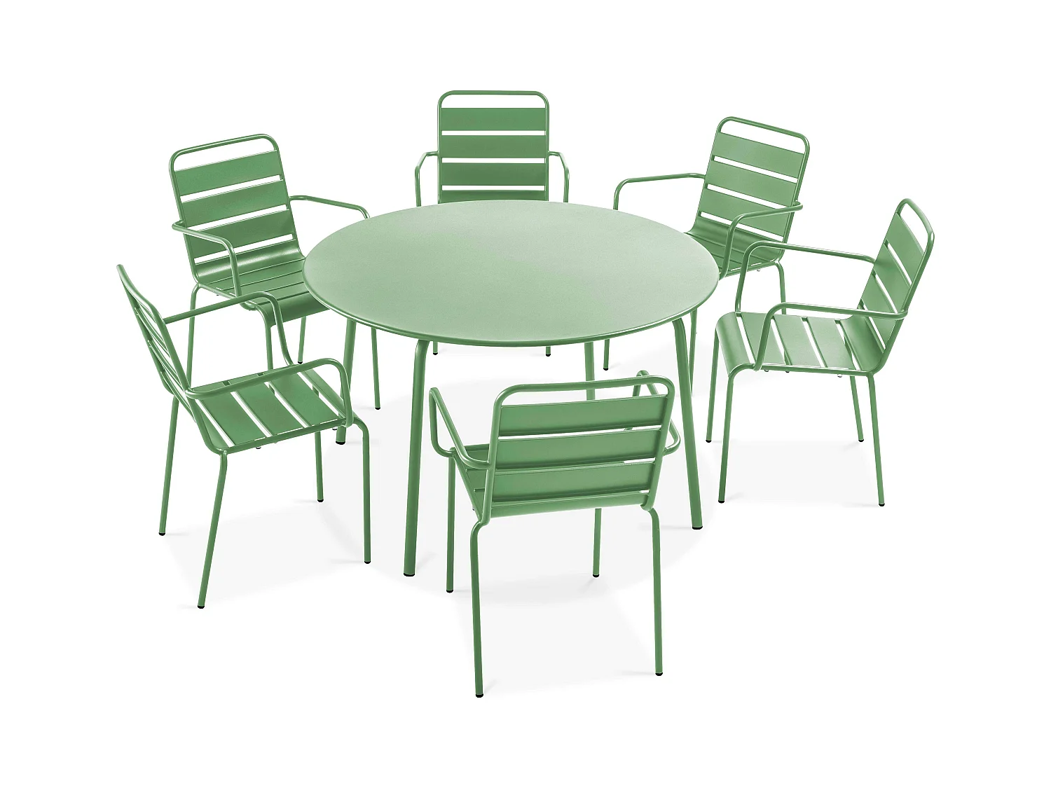 Ensemble table de jardin ronde et 6 fauteuils acier vert cactus - Palavas