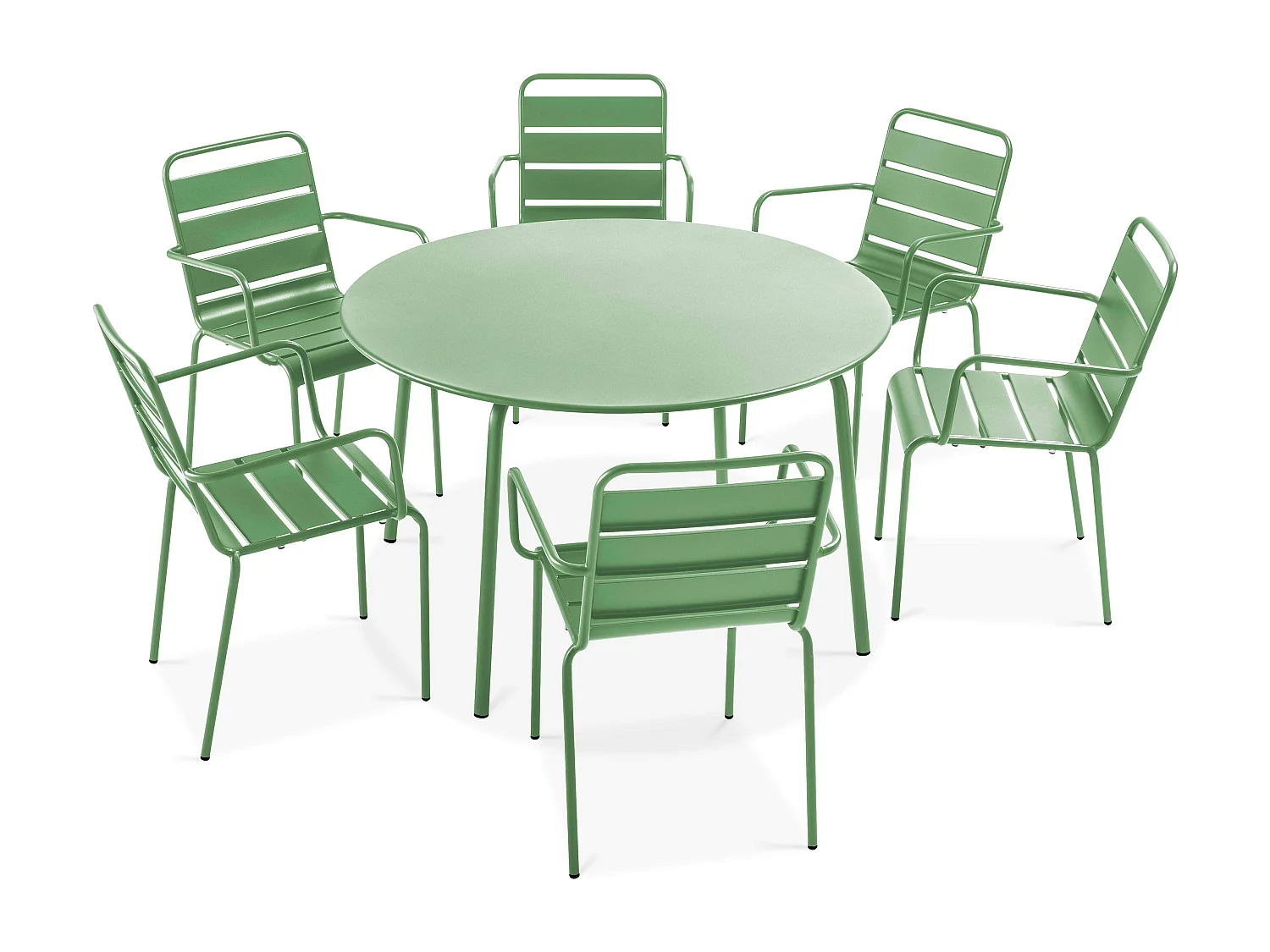 Set van een ronde tuin tafel en 6 fauteuils van groen cactus staal