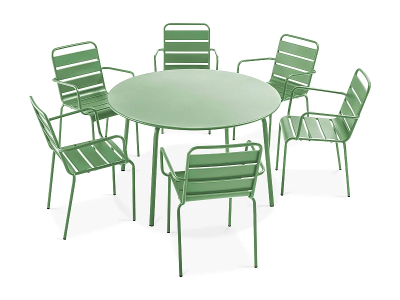 Set van een ronde tuin tafel en 6 fauteuils van groen cactus staal