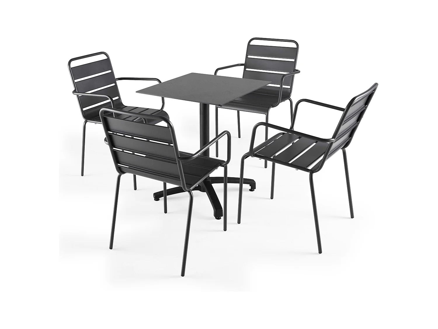 Ensemble table de terrasse stratifié ardoise gris et 4 fauteuils gris