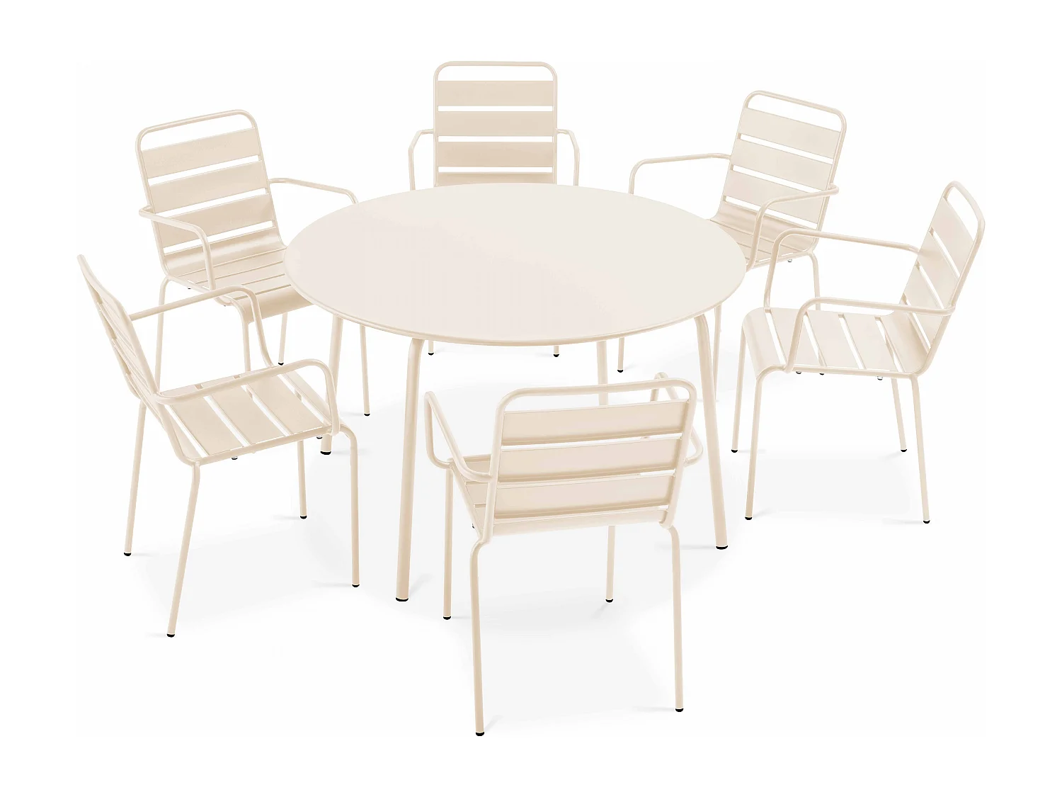 Ensemble table de jardin ronde et 6 fauteuils acier ivoire - Palavas