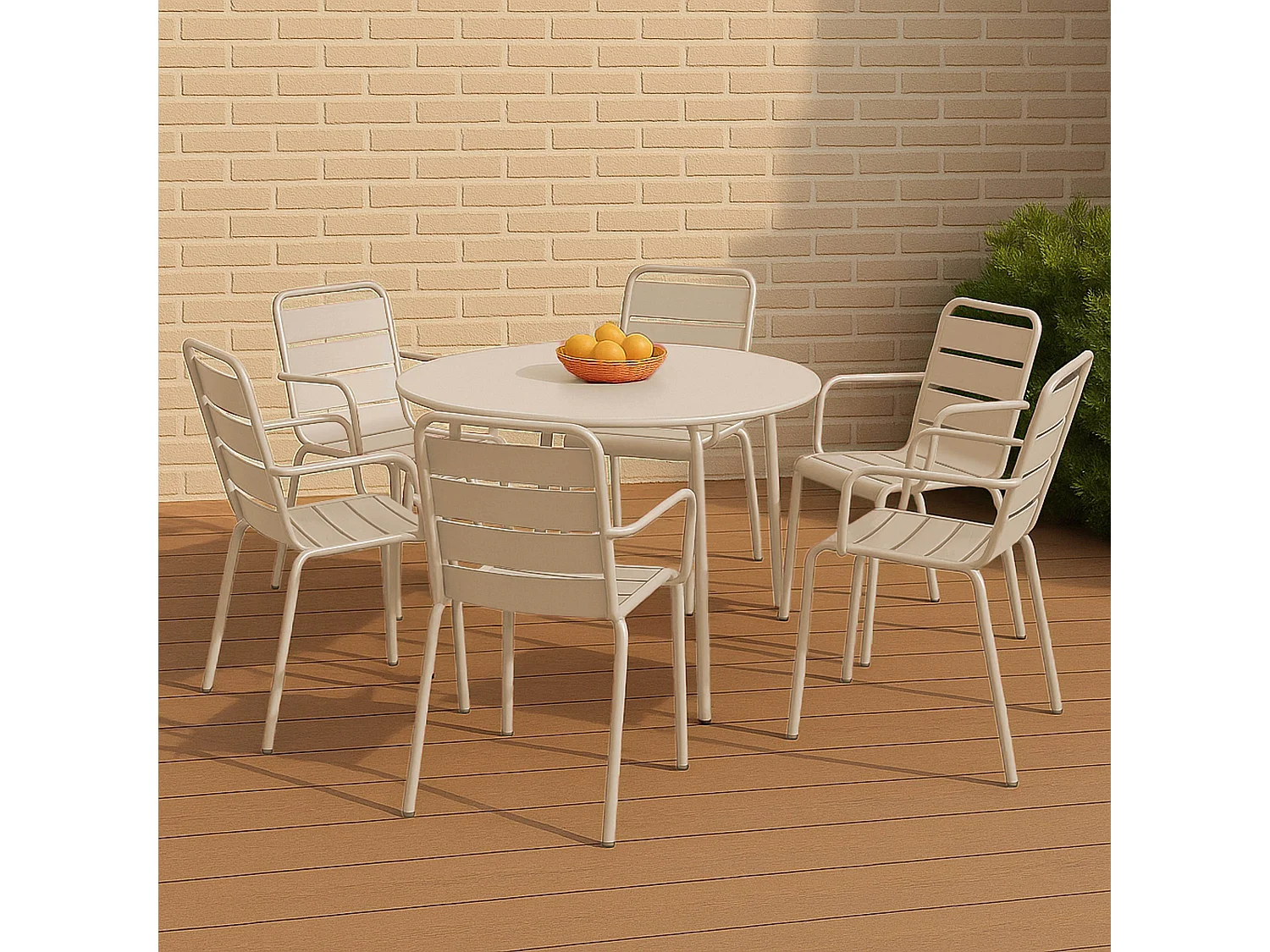 Ensemble table de jardin ronde et 6 fauteuils acier ivoire - Palavas