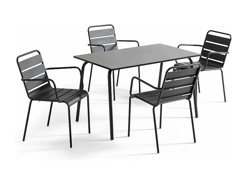 Ensemble table de jardin et 4 fauteuils en métal anthracite - Palavas