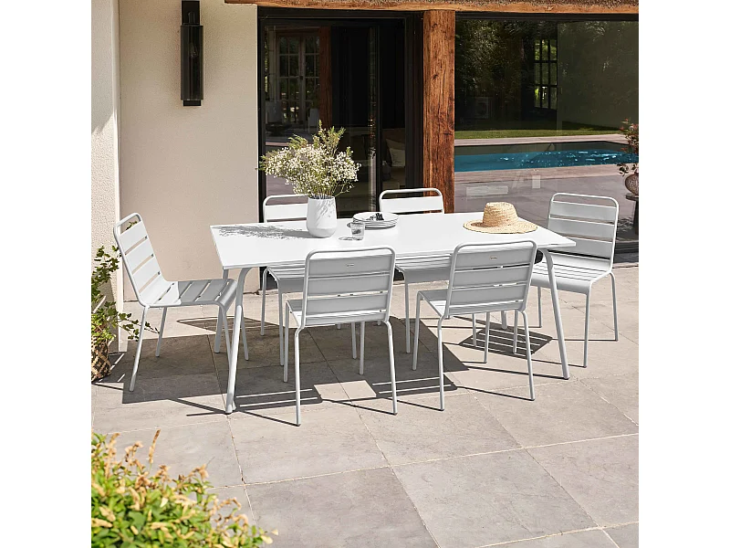Ensemble table de jardin et 6 chaises en métal blanc - Palavas