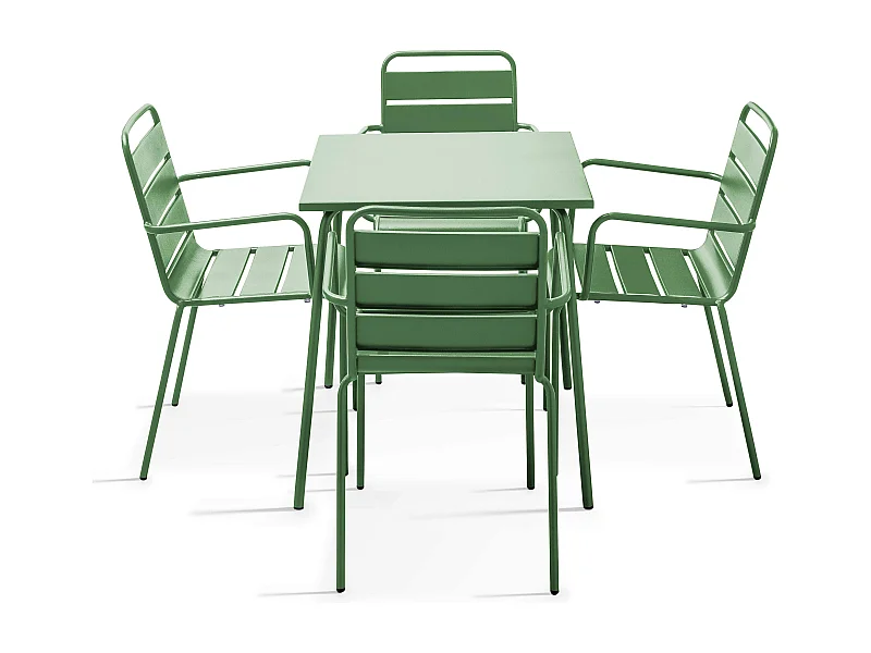 Ensemble table de jardin carrée et 4 fauteuils acier vert cactus - Palavas