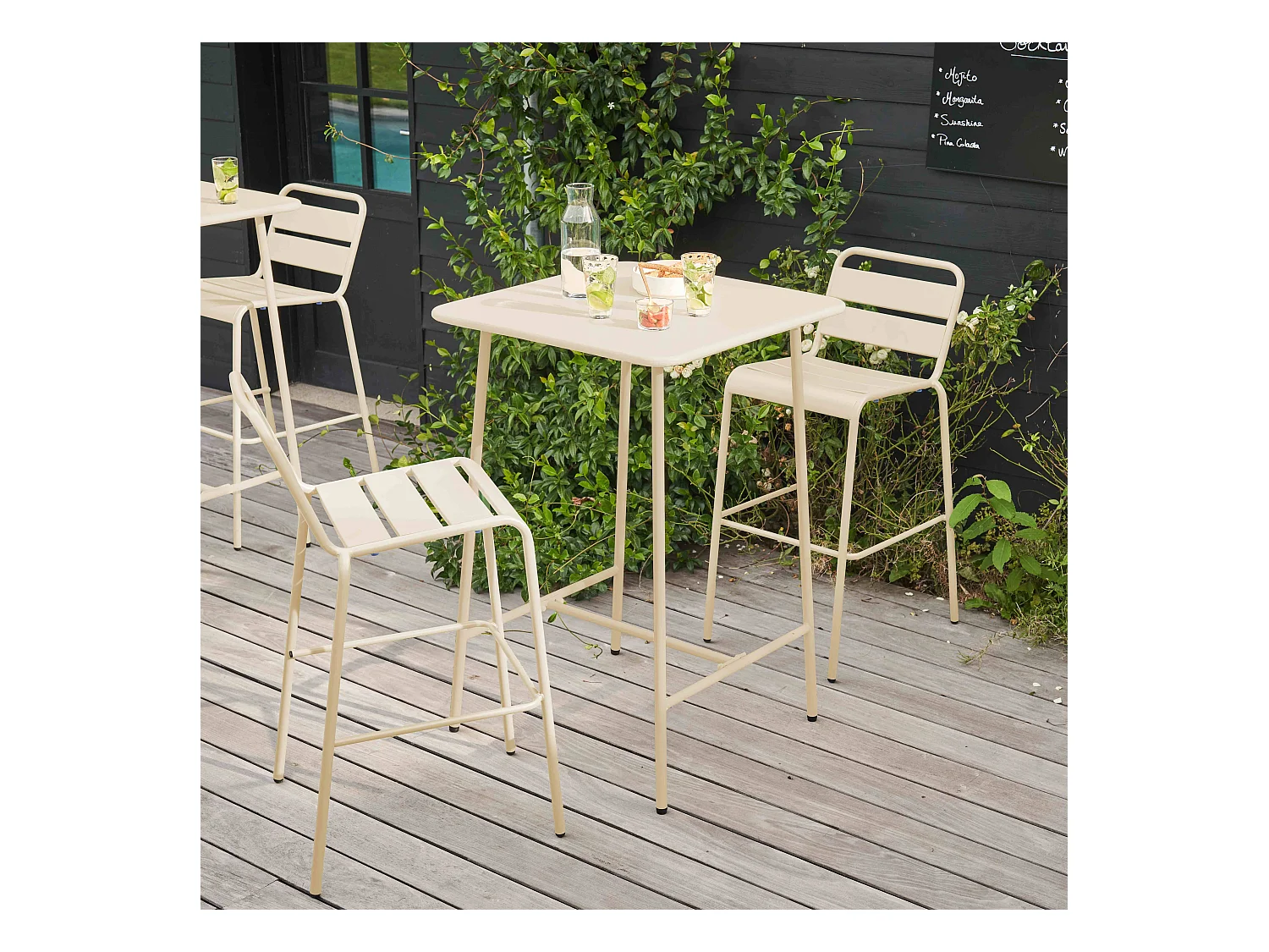 Ensemble table de bar et 2 chaises hautes en métal ivoire - Palavas