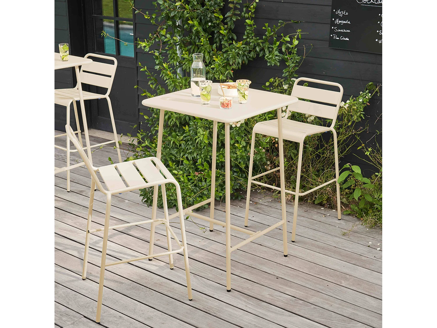 Ensemble table de bar et 2 chaises hautes en métal ivoire - Palavas