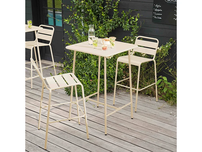 Ensemble table de bar et 2 chaises hautes en métal ivoire - Palavas