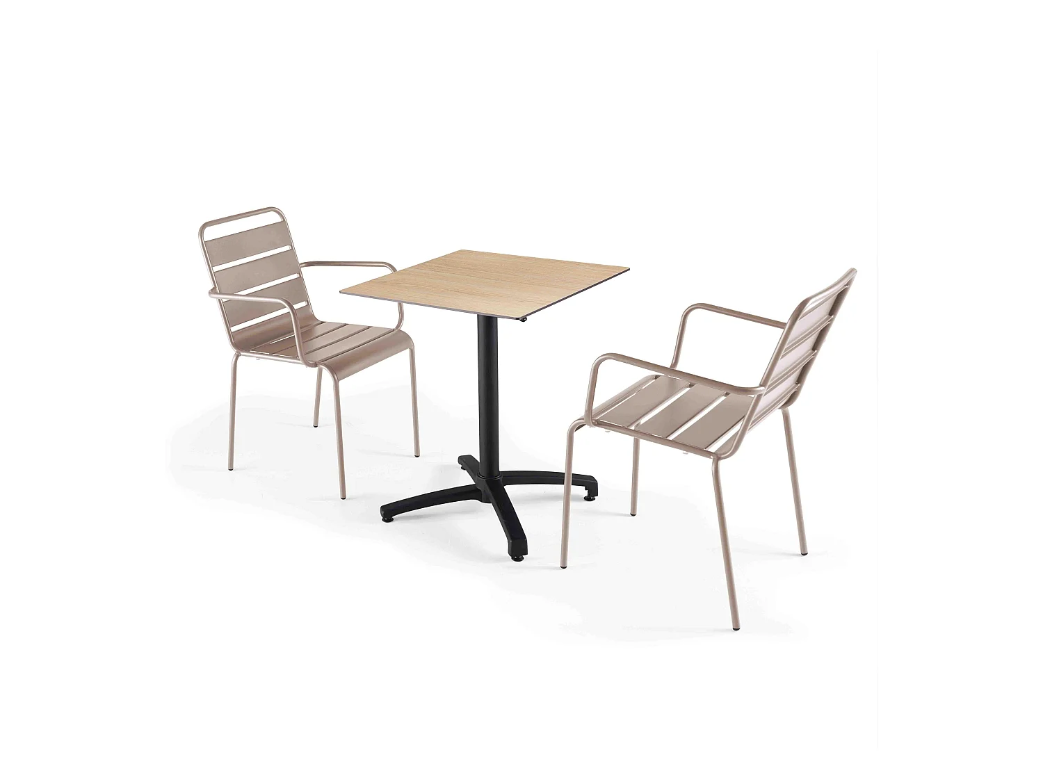Ensemble table de terrasse stratifié en chene et 2 fauteuils taupe