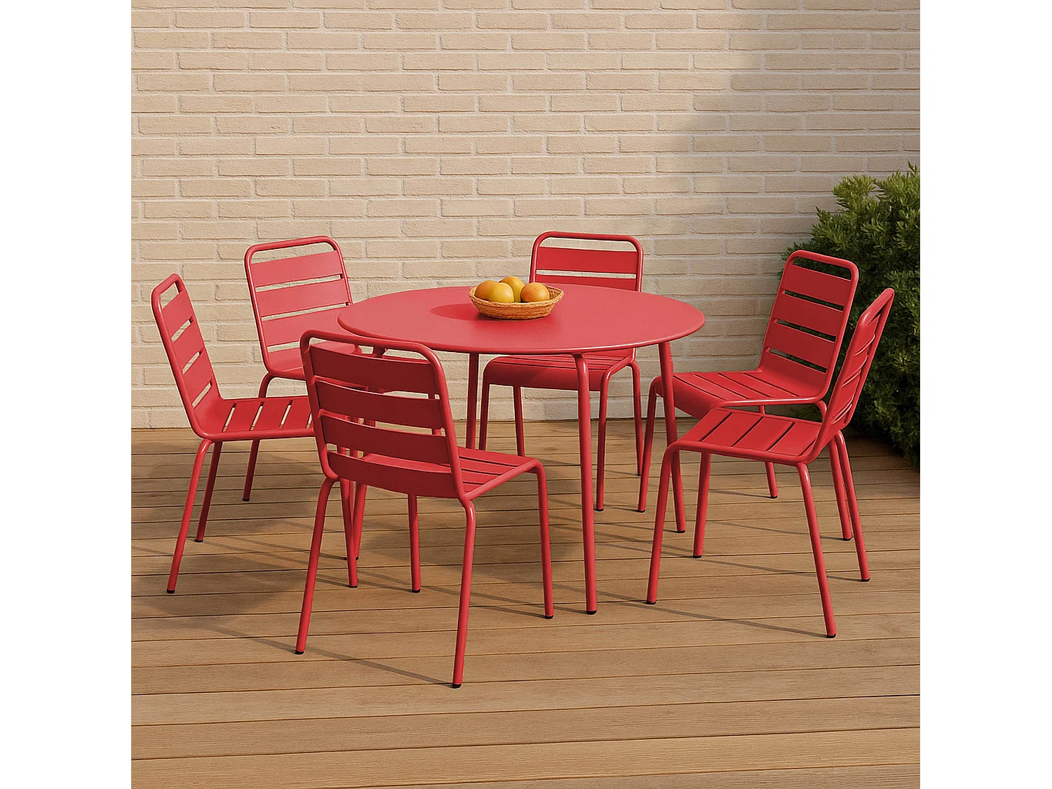 Ensemble table de jardin ronde et 6 chaises en métal rouge - Palavas