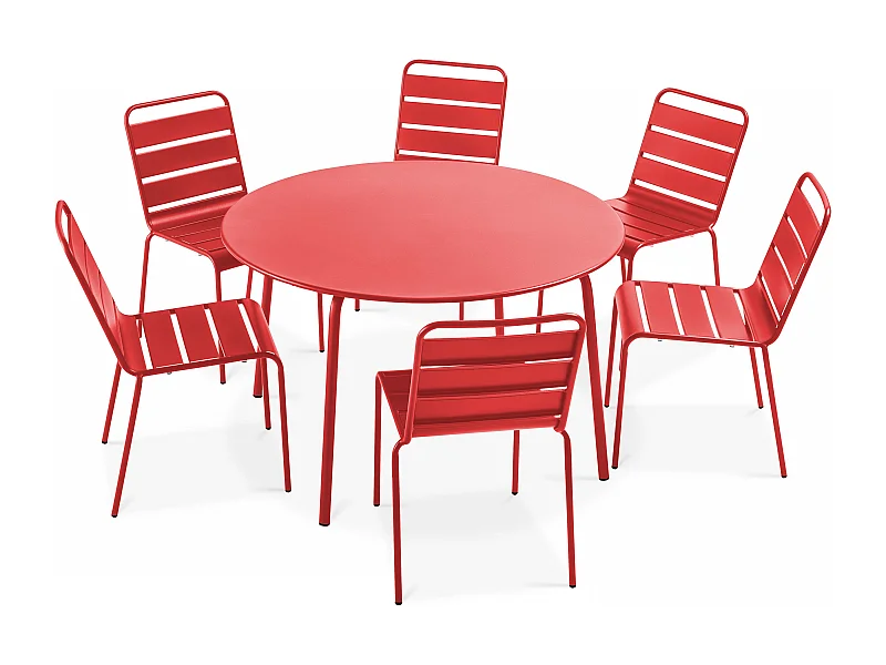 Ensemble table de jardin ronde et 6 chaises en métal rouge - Palavas