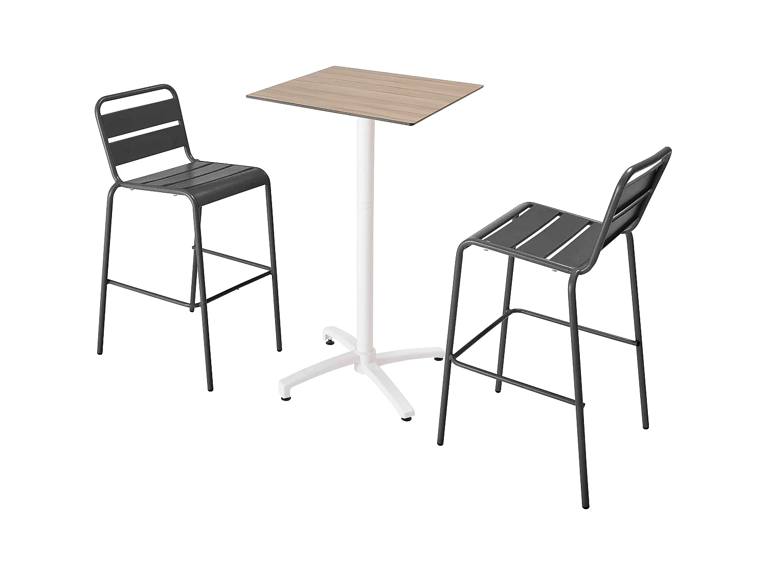 Ensemble table haute stratifié chêne clair et 2 chaises hautes gris