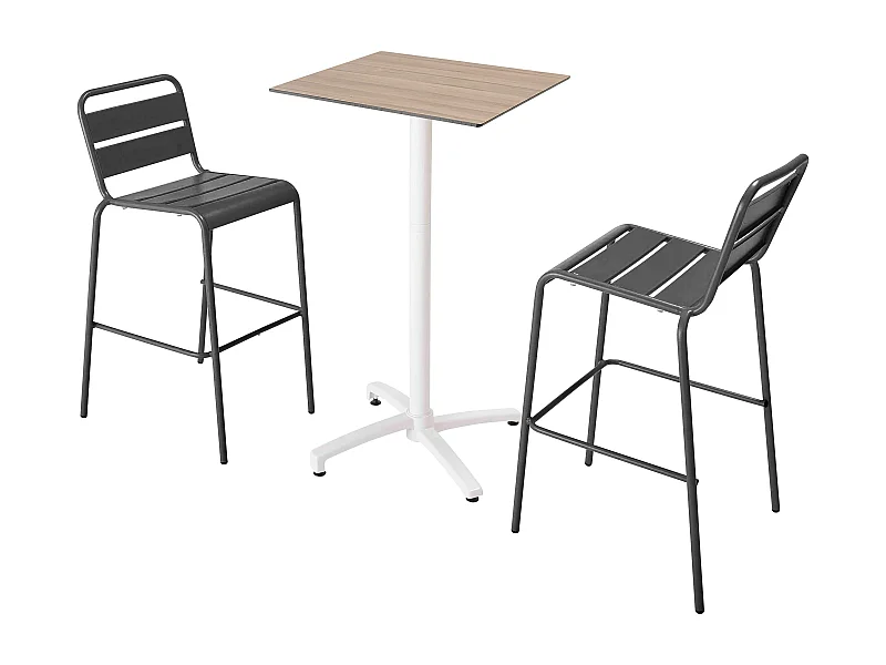 Set hoge tafel met licht eiken laminaat en 2 hoge grijze stoelen