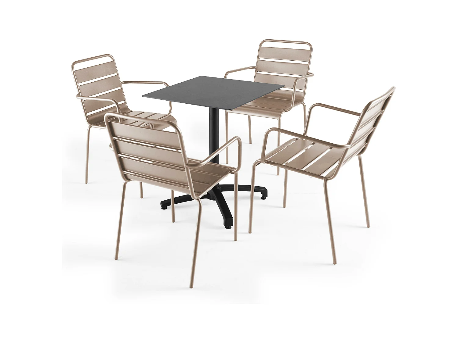 Ensemble table de terrasse stratifié ardoise gris et 4 fauteuils taupe