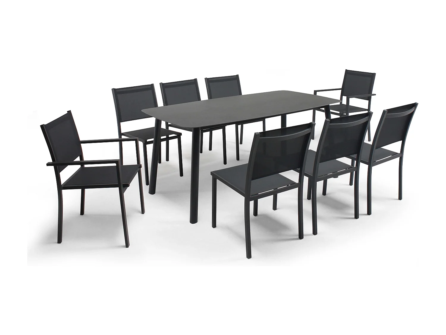 Table de terrasse aluminium et pierre, 6 chaises et 2 fauteuils gris