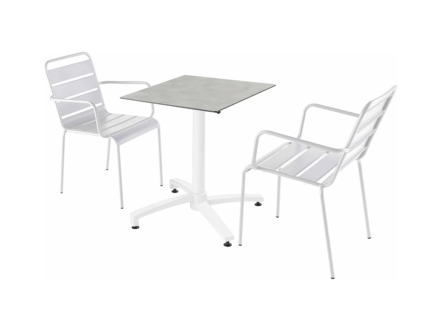 Ensemble table de terrasse stratifié marbre et 2 fauteuils blanc