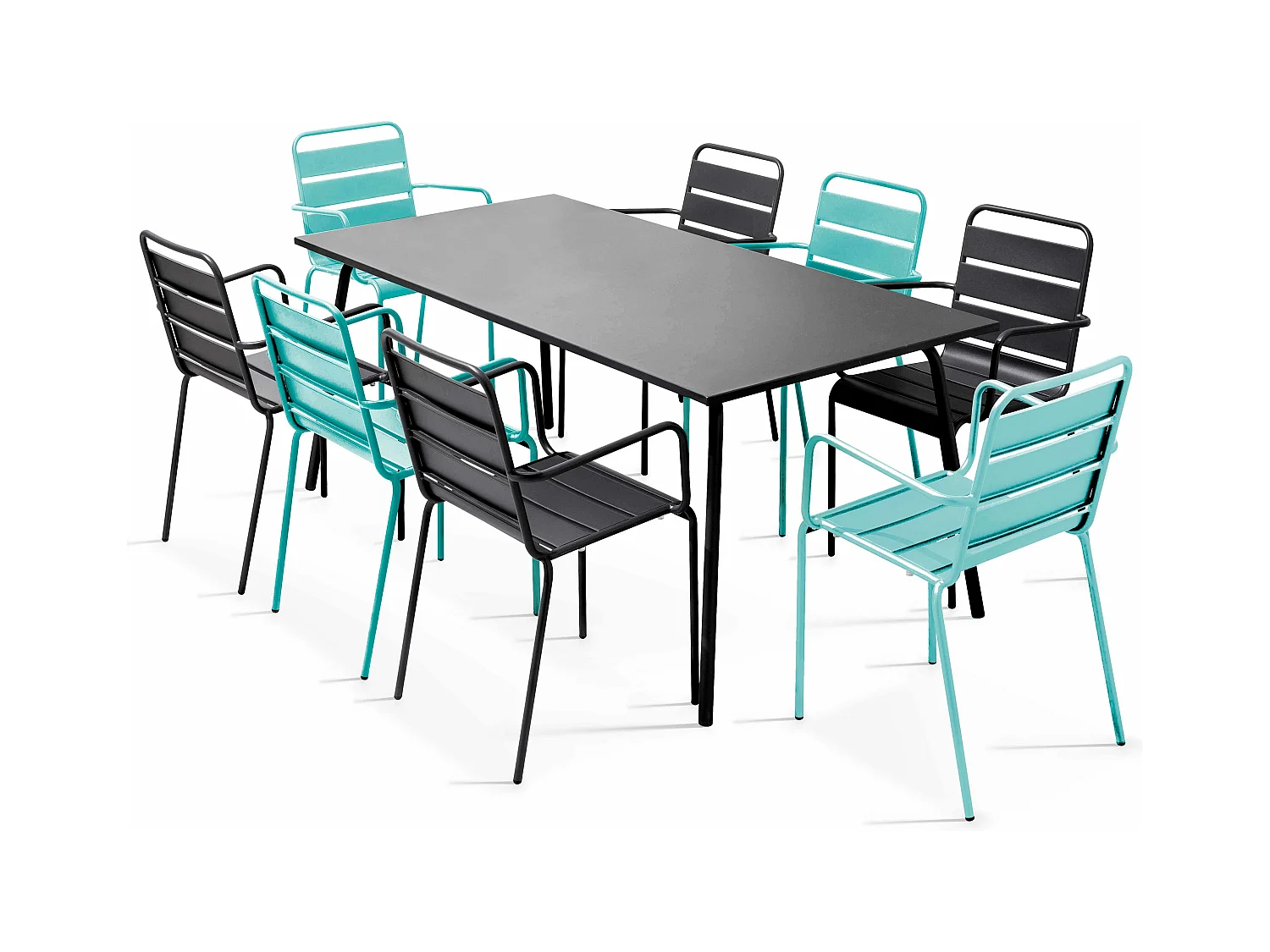 Ensemble table de jardin et 8 fauteuils en métal turquoise et gris - Palavas