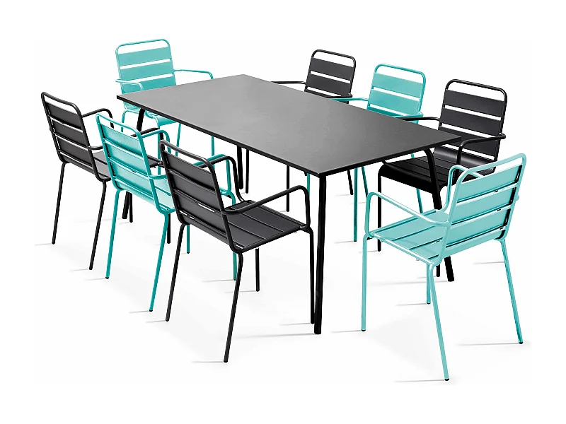 Tuinset met tafel en 8 fauteuils in turquoise en grijs
