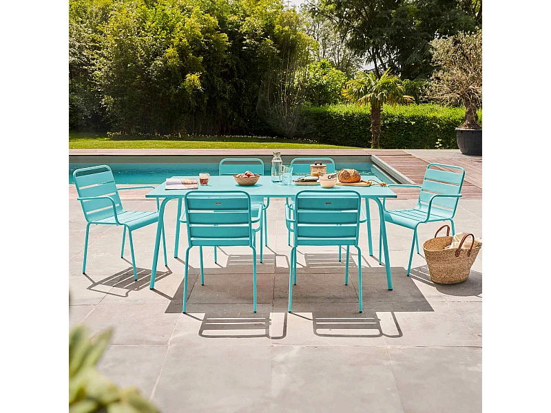 Ensemble table de jardin et 6 fauteuils en métal turquoise - Palavas