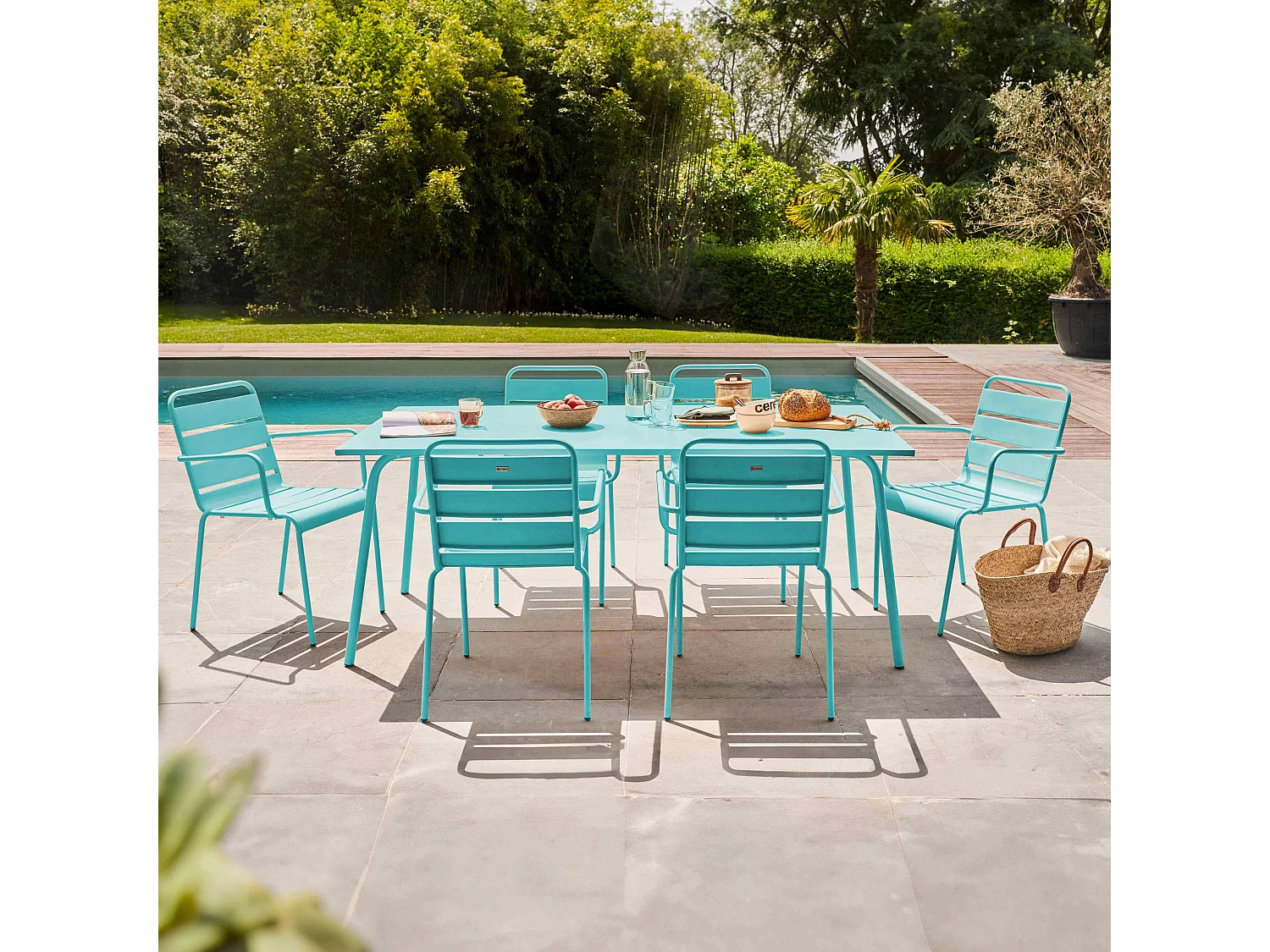 Ensemble table de jardin et 6 fauteuils en métal turquoise - Palavas