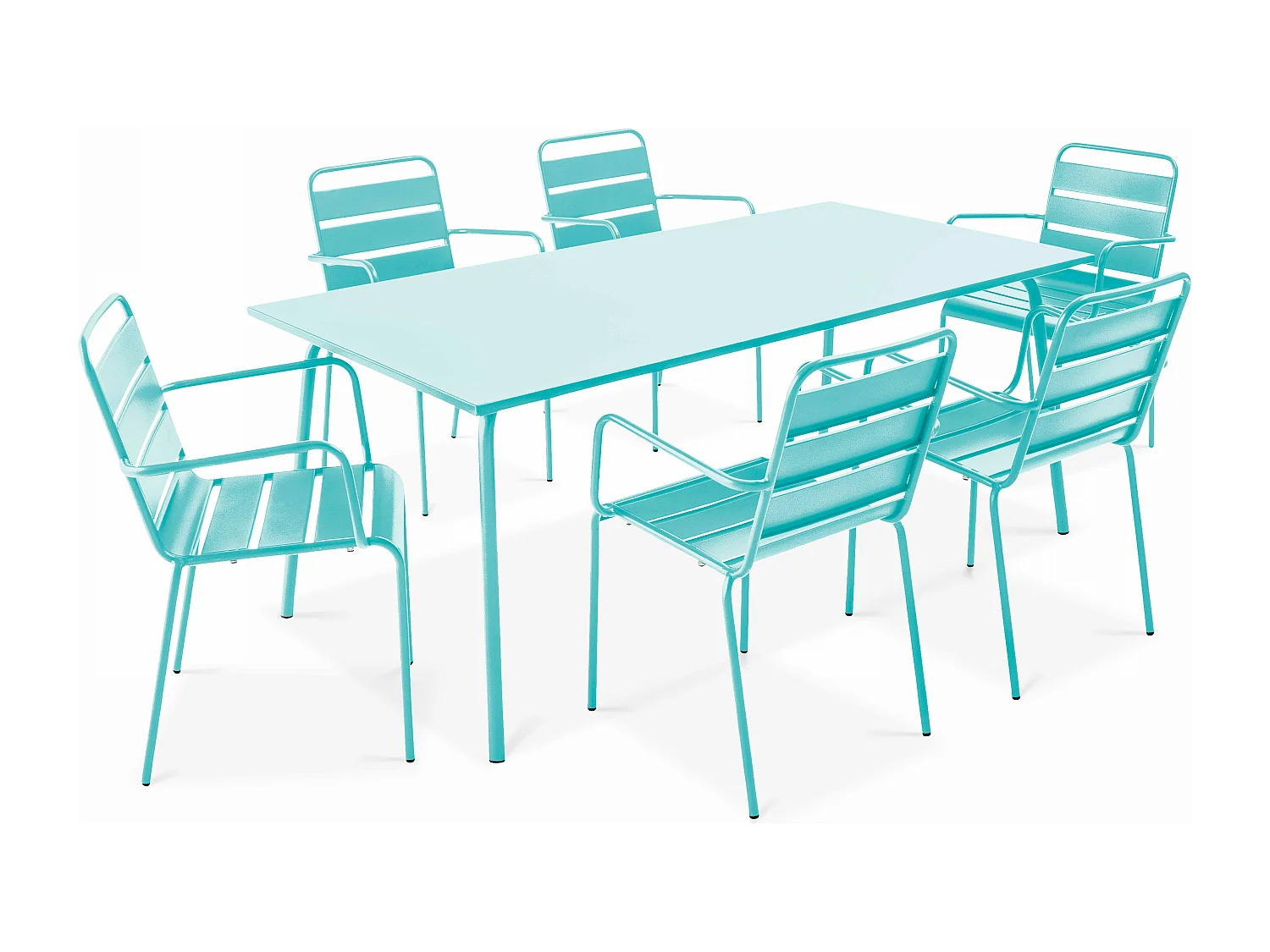 Ensemble table de jardin et 6 fauteuils en métal turquoise - Palavas