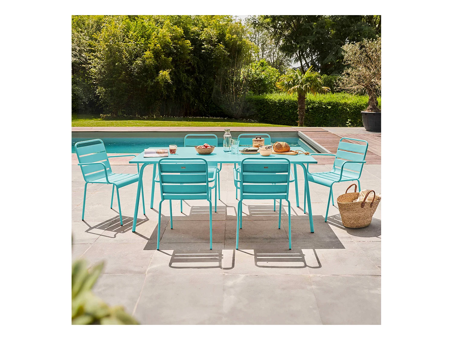 Ensemble table de jardin et 6 fauteuils en métal turquoise - Palavas