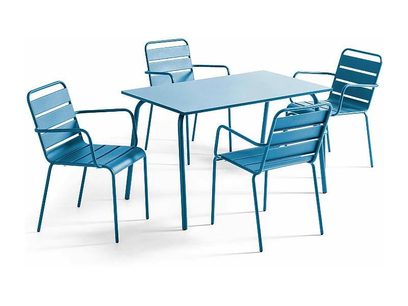 Ensemble table de jardin et 4 fauteuils en métal bleu pacific - Palavas