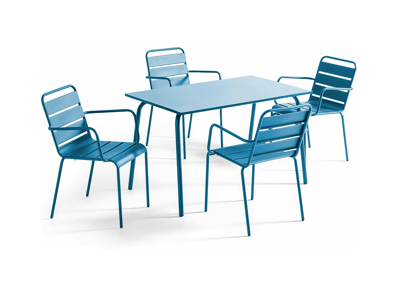 Ensemble table de jardin et 4 fauteuils en métal bleu pacific - Palavas